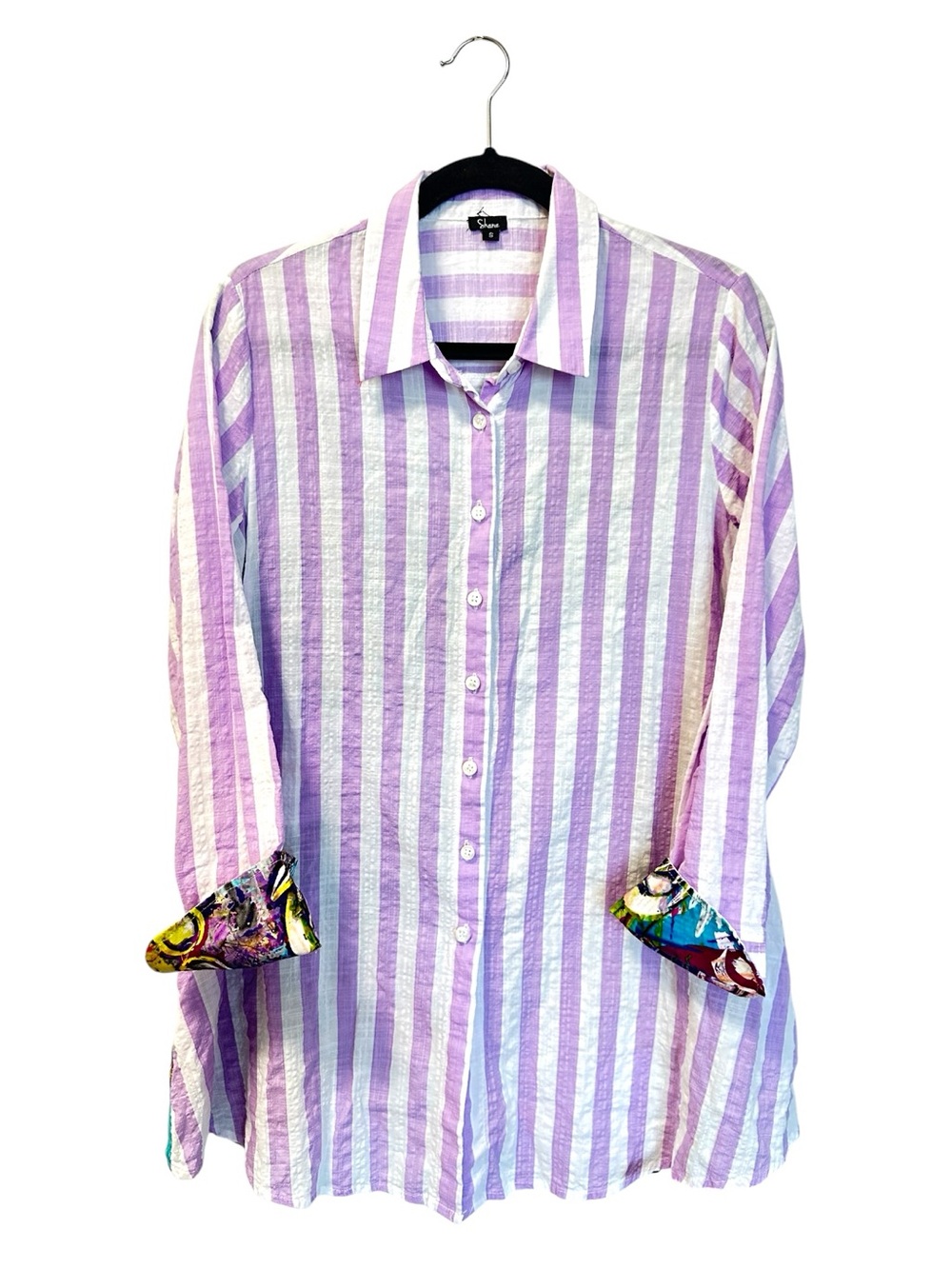 Shana Mixed Media Art To Wear Print Back Button Up Tunic Blouse SZ S